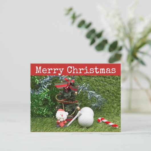 サンタとクリスマスを持つゴルファーへのメリークリスマス ポストカード (スタンド正面)