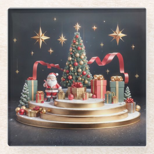 サンタとクリスマスツリーと3Dクリスマス表彰台 ガラスコースター (正面)