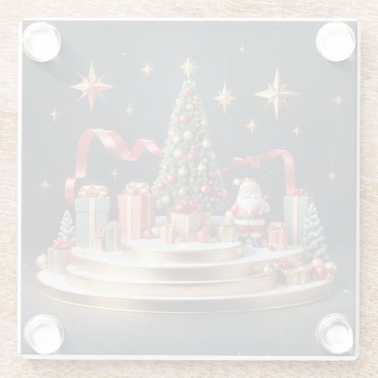 サンタとクリスマスツリーと3Dクリスマス表彰台 ガラスコースター (裏面)