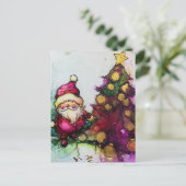 サンタとクリスマスツリーのアルコールインク ポストカード (スタンド正面)