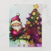 サンタとクリスマスツリーのアルコールインク ポストカード (正面)