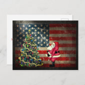サンタとクリスマスツリー愛国のアメリカ国旗 シーズンポストカード (正面/裏面)