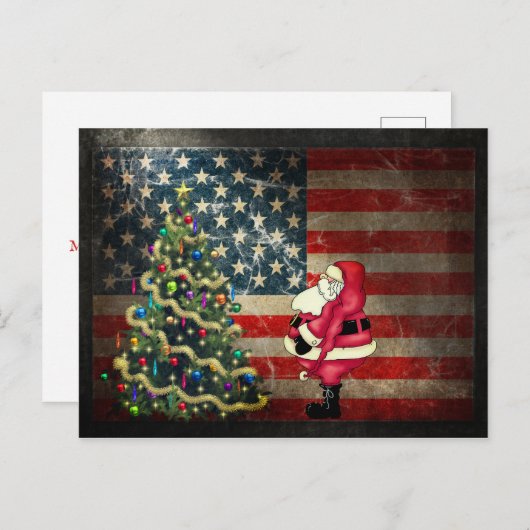 サンタとクリスマスツリー愛国のアメリカ国旗 シーズンポストカード (正面/裏面)