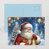 サンタとクリスマスツリー、青と金 ポストカード (正面/裏面)