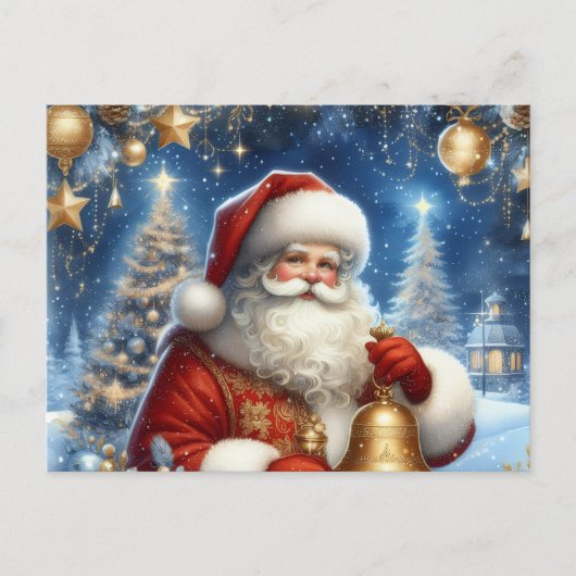 サンタとクリスマスツリー、青と金 ポストカード (正面)