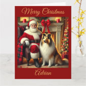 サンタとコリーのクリスマス シーン カード (黄色い花)