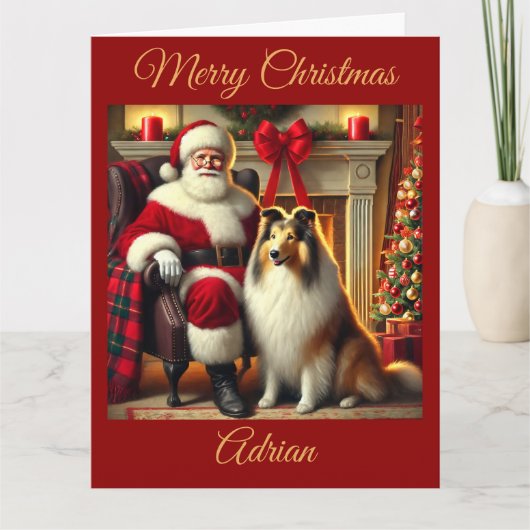 サンタとコリーのクリスマス シーン カード (正面)