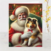 サンタとコリーの子犬とレッドボウ カード (黄色い花)