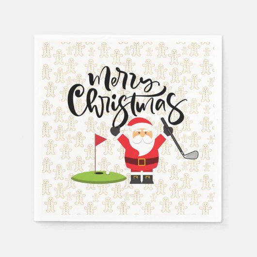 サンタとゴルフメリークリスマス金ゴールドジンジャー スタンダードカクテルナプキン (正面)
