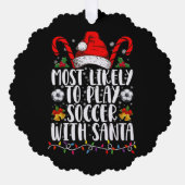 サンタとサッカーする家族のクリスマス オーナメントカード (正面)