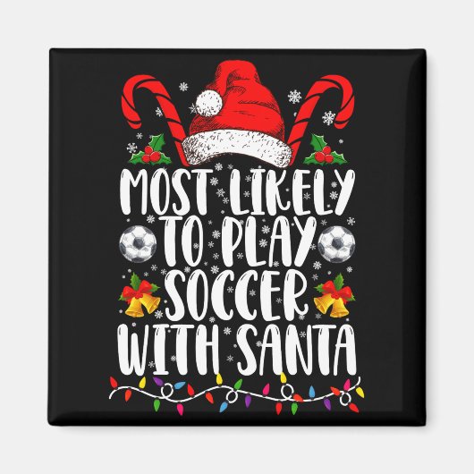 サンタとサッカーする家族のクリスマス マグネット (正面)