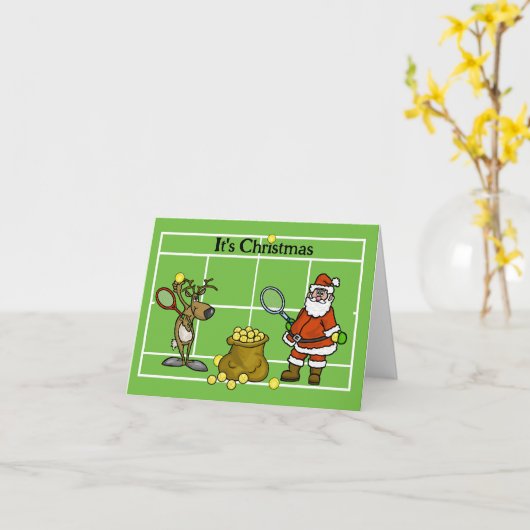 サンタとトナカイおもしろいテニスクリスマスカード カード (黄色い花)