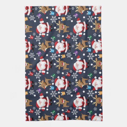 サンタとトナカイお気に入りのの柄 キッチンタオル (縦)