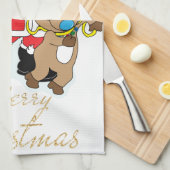 サンタとトナカイがクリスマスを祝う キッチンタオル (四つ折り)
