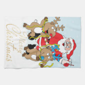 サンタとトナカイがクリスマスを祝う キッチンタオル (横)