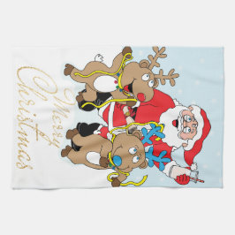 サンタとトナカイがクリスマスを祝う キッチンタオル