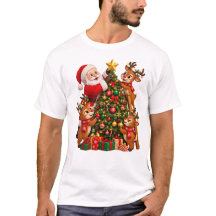 サンタとトナカイがクリスマスツリーを飾る