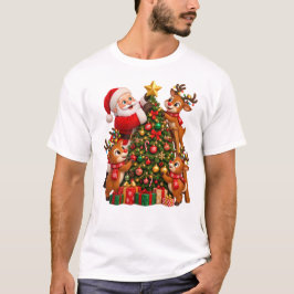 サンタとトナカイがクリスマスツリーを飾る Tシャツ