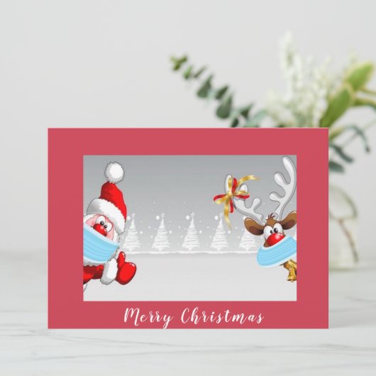 サンタとトナカイがコロナマスククリスマスを着て カード (スタンド正面)