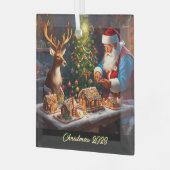 サンタとトナカイがジンジャーパンの家を作る ガラスオーナメント (正面左)