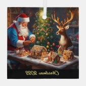 サンタとトナカイがジンジャーパンの家を作る ガラスオーナメント (裏面)