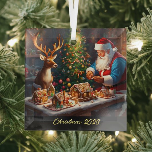 サンタとトナカイがジンジャーパンの家を作る ガラスオーナメント (インサイチュ)