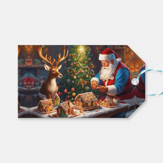 サンタとトナカイがジンジャーパンの家を作る ギフトタグ (正面(横))