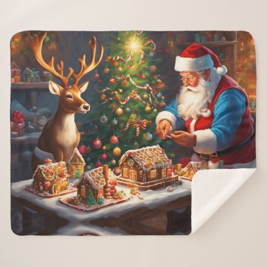 サンタとトナカイがジンジャーパンの家を作る シェルパブランケット (正面(横))