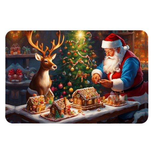 サンタとトナカイがジンジャーパンの家を作る マグネット (横)