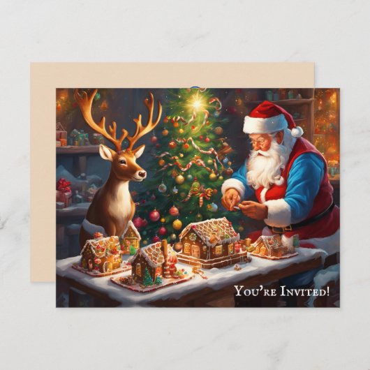 サンタとトナカイがジンジャーパンの家を作る 招待状 (正面/裏面)