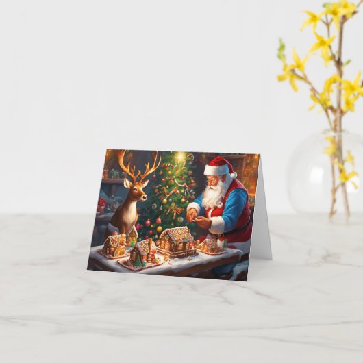 サンタとトナカイがジンジャーブレッドハウスを作る カード (黄色い花)