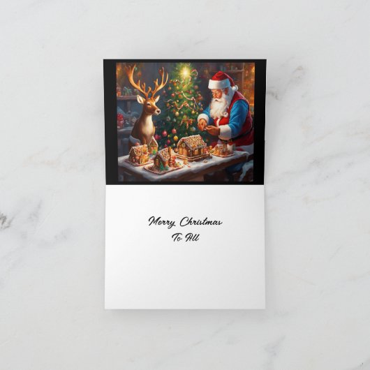 サンタとトナカイがジンジャーブレッドハウスを作る カード (内部)