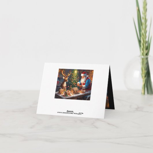 サンタとトナカイがジンジャーブレッドハウスを作る カード (裏面)