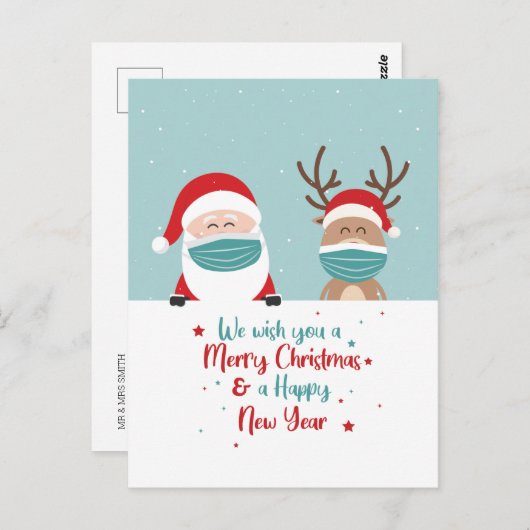サンタとトナカイがマスク姿で、みなさんにクリスマスと新年のご挨拶 ポストカード (正面/裏面)