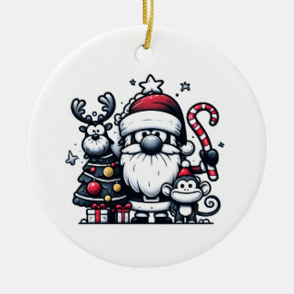 サンタとトナカイとクリスマスの猿のオーナメント セラミックオーナメント