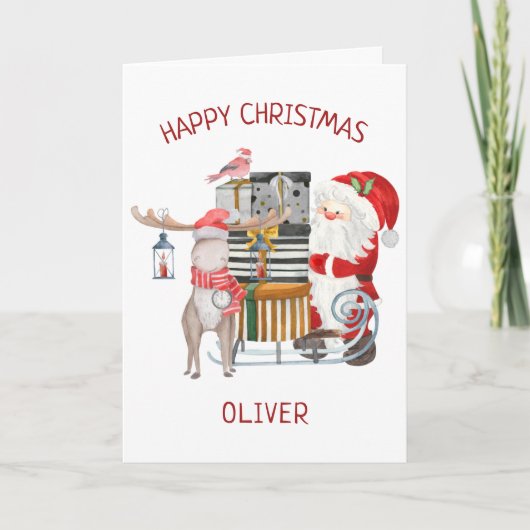 サンタとトナカイとソリパーソナライズされたの子供 シーズンカード (正面)