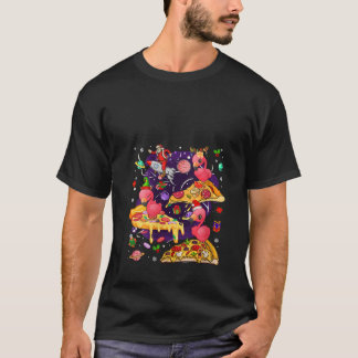 サンタとトナカイとフラミンゴのピザ乗りのデザイン Tシャツ