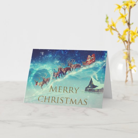 サンタとトナカイとメリークリスマス。 カード (黄色い花)