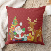 サンタとトナカイによるクリスマスツリーとプレゼント クッション (ブランケット)