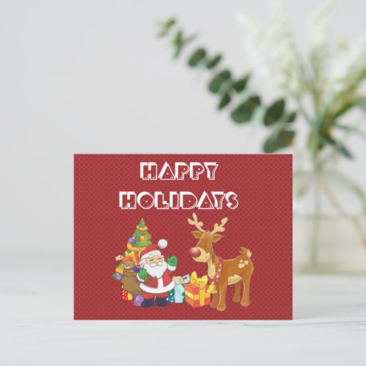 サンタとトナカイによるクリスマスツリーとプレゼント シーズンポストカード (スタンド正面)