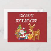 サンタとトナカイによるクリスマスツリーとプレゼント シーズンポストカード (正面/裏面)
