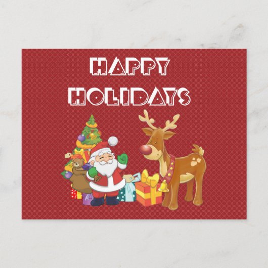 サンタとトナカイによるクリスマスツリーとプレゼント シーズンポストカード (正面)