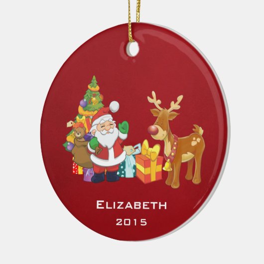 サンタとトナカイによるクリスマスツリーとプレゼント セラミックオーナメント (左)
