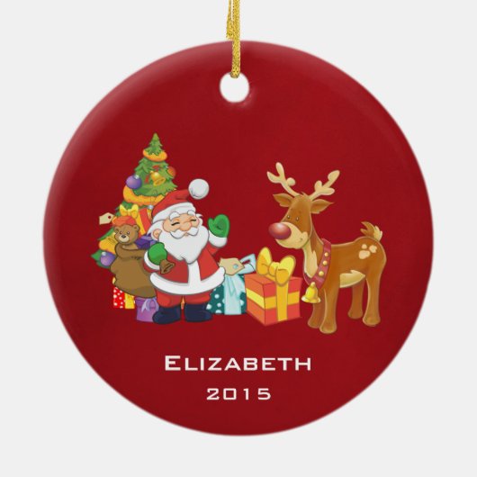 サンタとトナカイによるクリスマスツリーとプレゼント セラミックオーナメント (裏面)