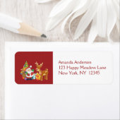 サンタとトナカイによるクリスマスツリーとプレゼント ラベル (インサイチュ)