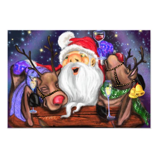 サンタとトナカイのおもしろいクリスマスのポスター フォトプリント            (正面)