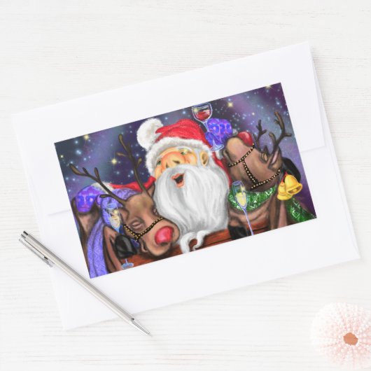 サンタとトナカイのおもしろいクリスマスステッカー 長方形シール (封筒)