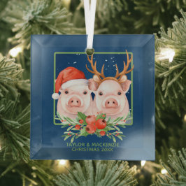 サンタとトナカイのカップルかわいいクリスマスピッグ ガラスオーナメント