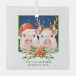 サンタとトナカイのカップルかわいいクリスマスピッグ ガラスオーナメント