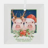 サンタとトナカイのカップルかわいいクリスマスピッグ ガラスオーナメント (裏面)